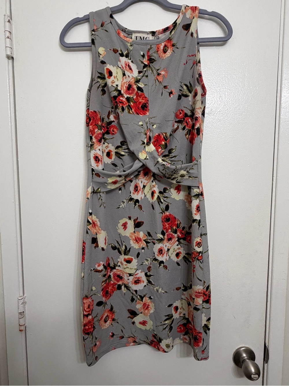 TMG Sleeveless Grey Floral Twist-Front Dress